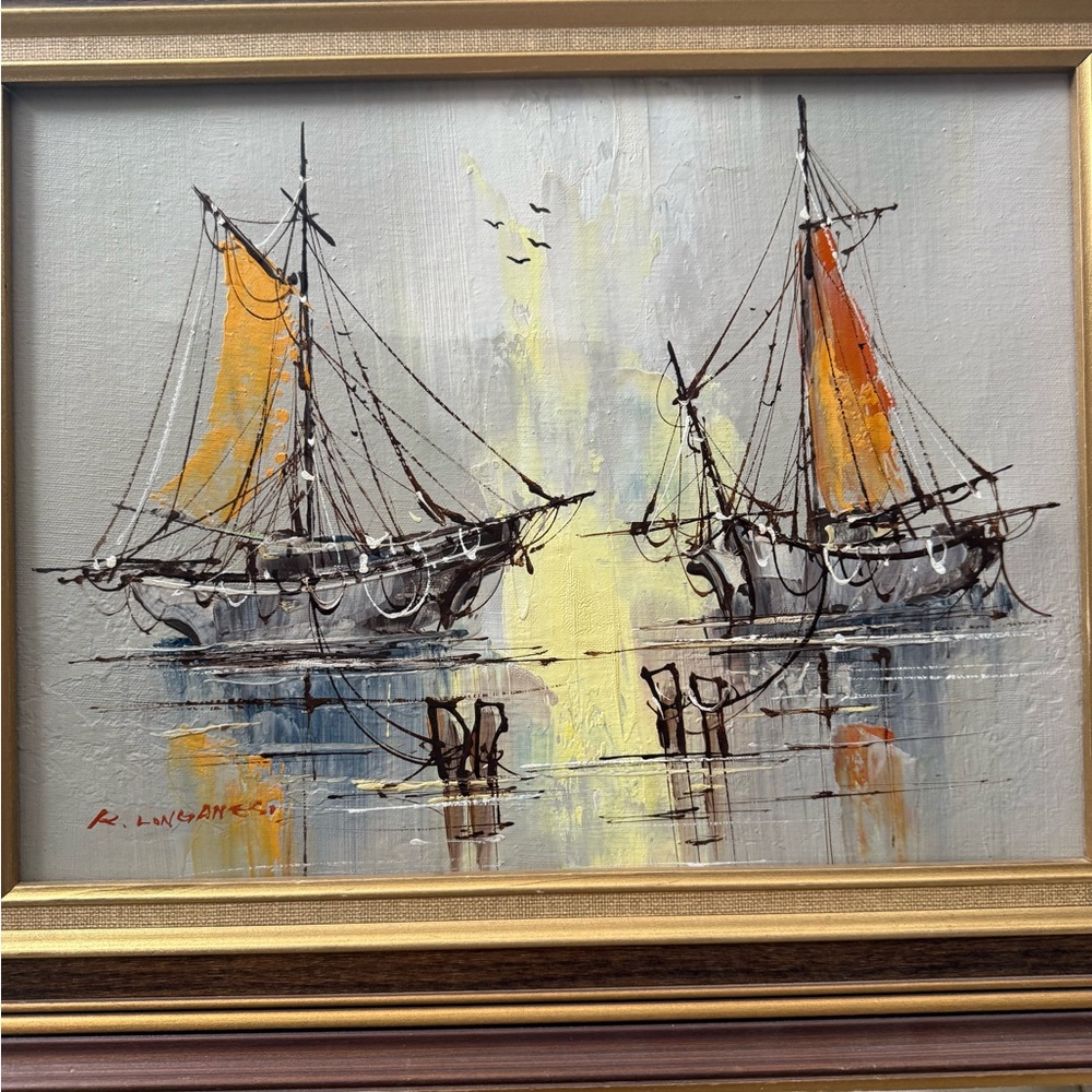 Vintage MCM signed framed Renato Longanesi boat painting - Picture 3 of 10